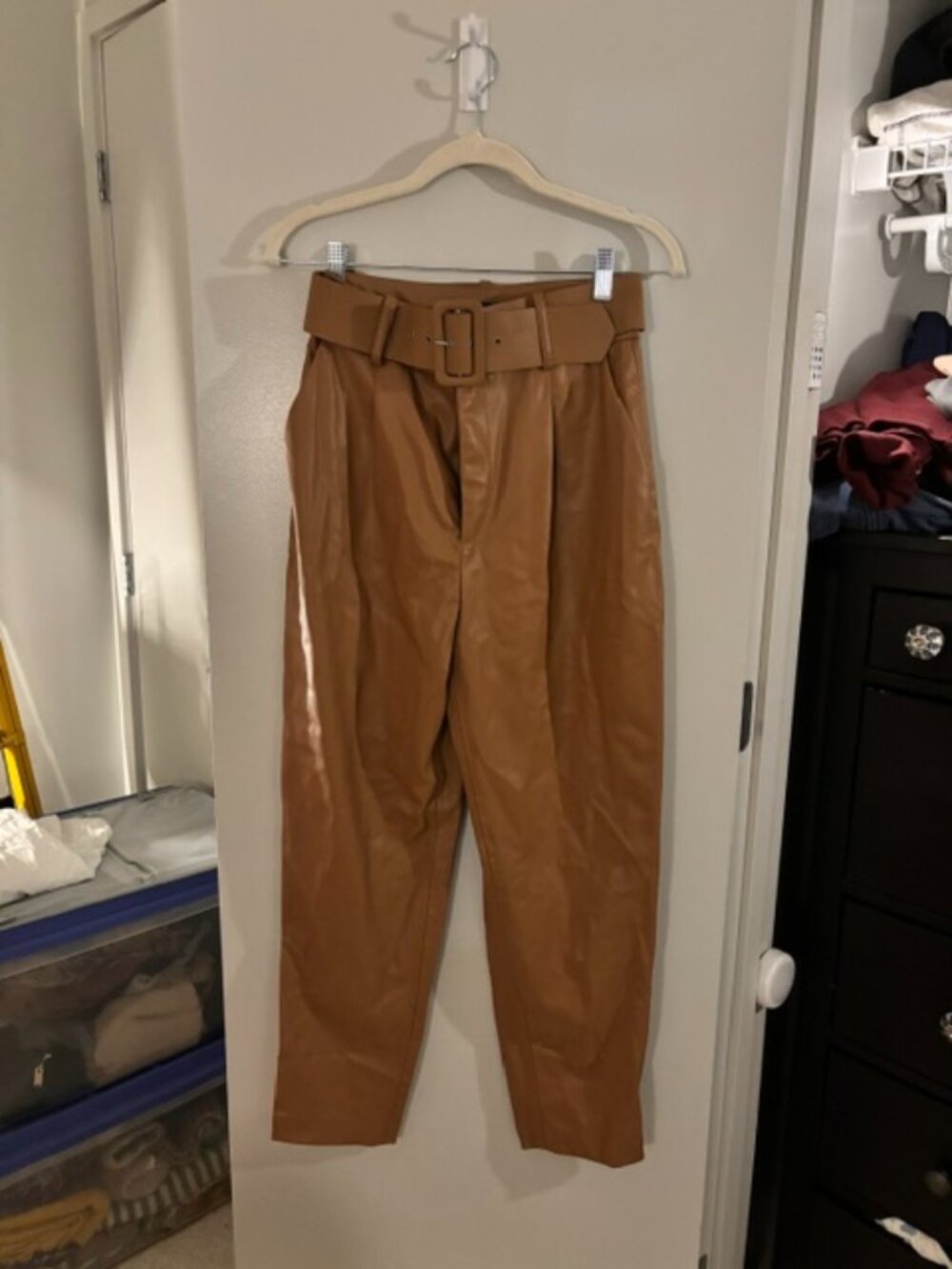 ZARA FAUX LEATHER BELTED PANTS Size S BROWN